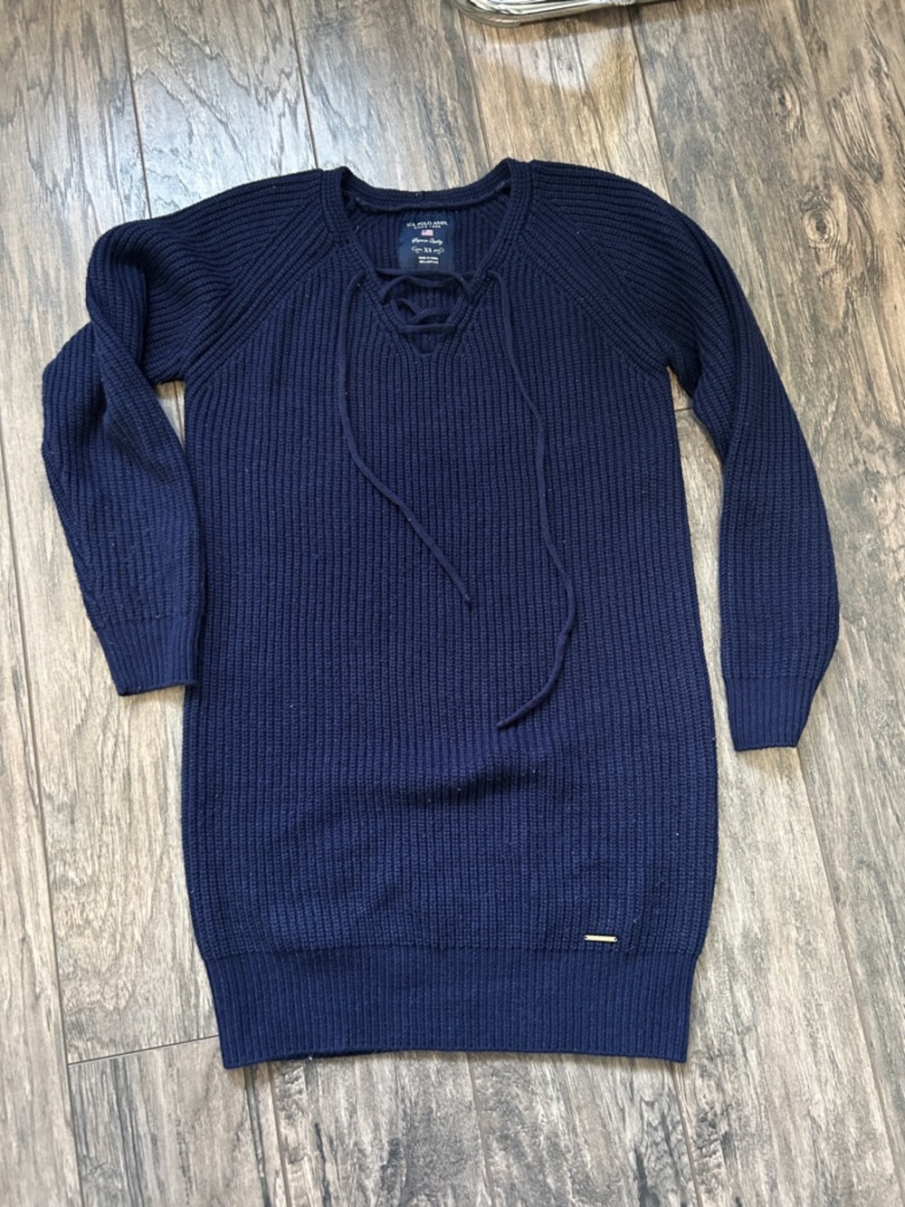 U.S. Polo Assn. Navy Lace-Up V-Neck Ribbed Sweater Dress